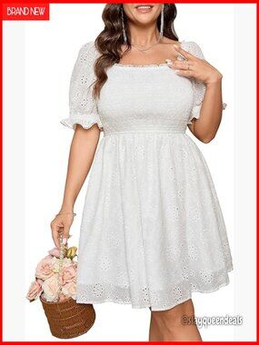 Plus Size Mini Dress Short Sleeve Cotton Eyelet A Line Ruffle Summer Beach
